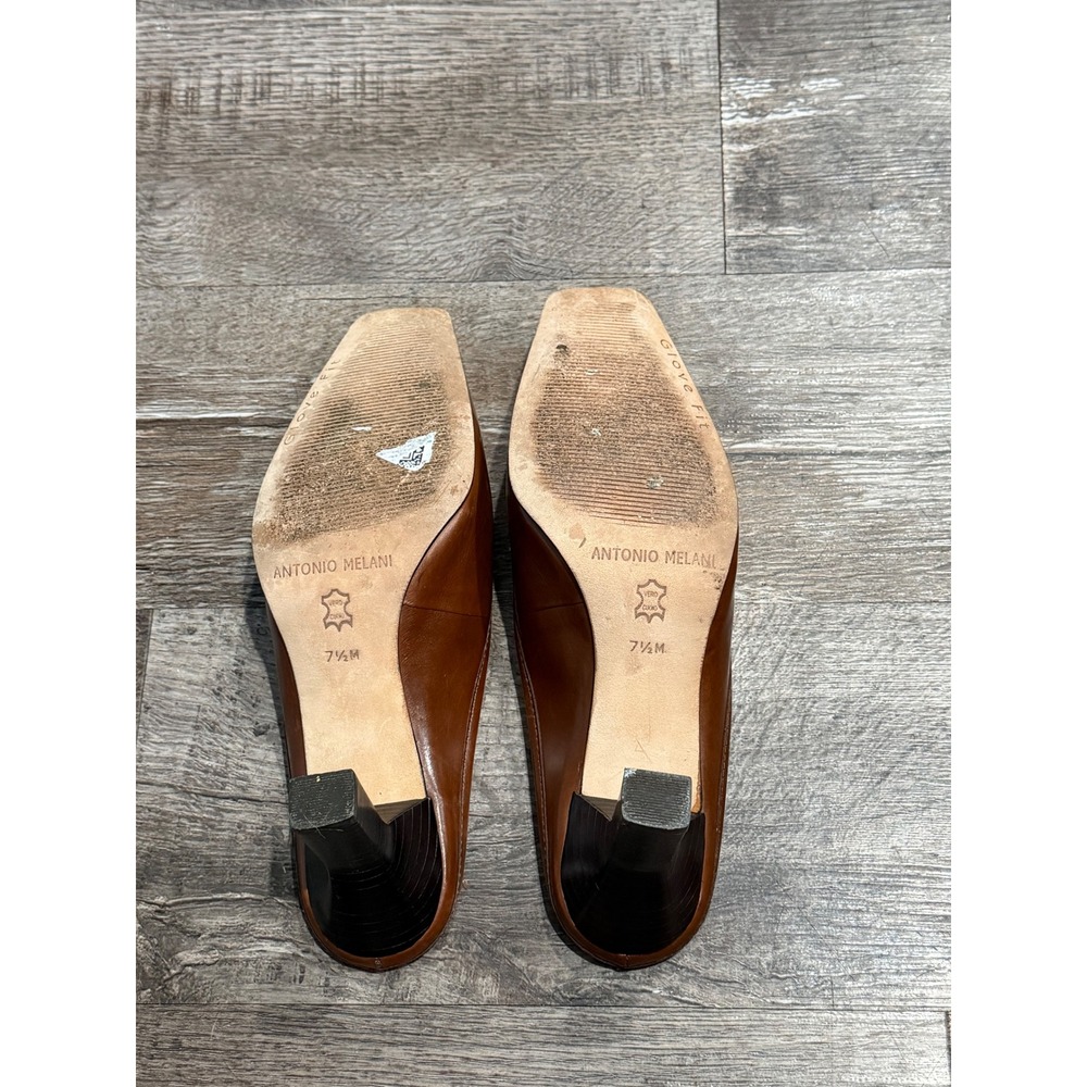Antonio Melani Brown Leather Square Toe Loafer Mules Kitten Heel Bow Size 7.5M - Picture 7 of 7